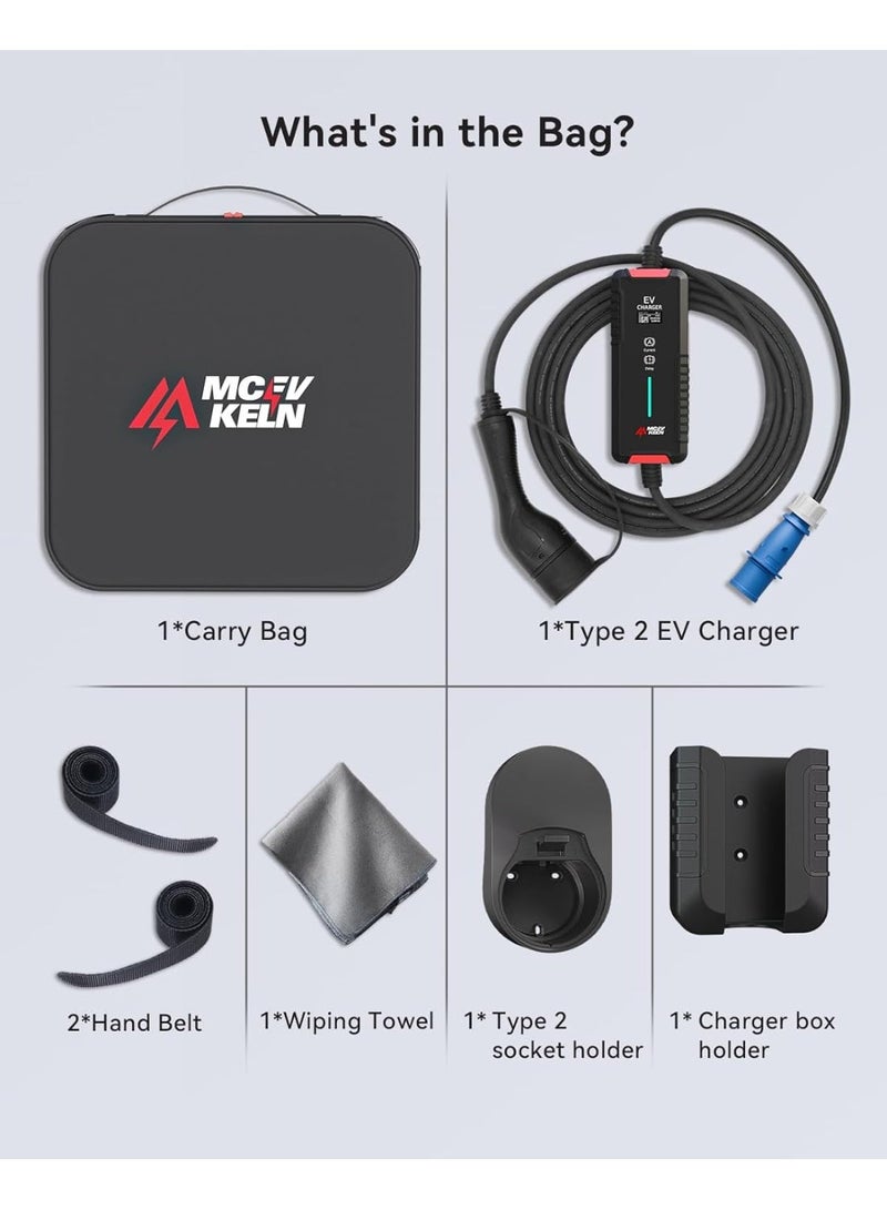 MCEVKELN Type 2 EV Charger CEE 3 kW 10 m - Charging Cable Type 2 32A | 1-Phase | Mode 3 Charging Cable | Switchable Current 6A-32A, EV Mobile Charging Station for Electric Cars & Hybrid IEC 62196-2 - Image 2
